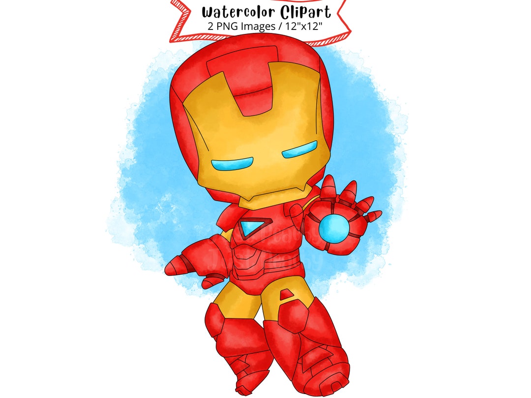 Kawaii Iron Man Watercolor Clipart, PNG, Superhero, Transparent