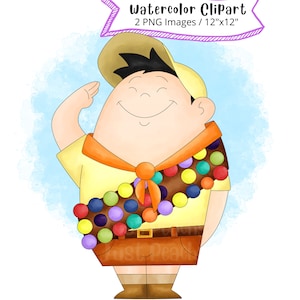 Op de afbeelding: Een aquarel-illustratie van een cartoonfiguur dat een geel shirt, een bruine broek en een scoutsjaal met kleurrijke badges draagt. Het figuur glimlacht en salueert met een bruine hoed op zijn hoofd.