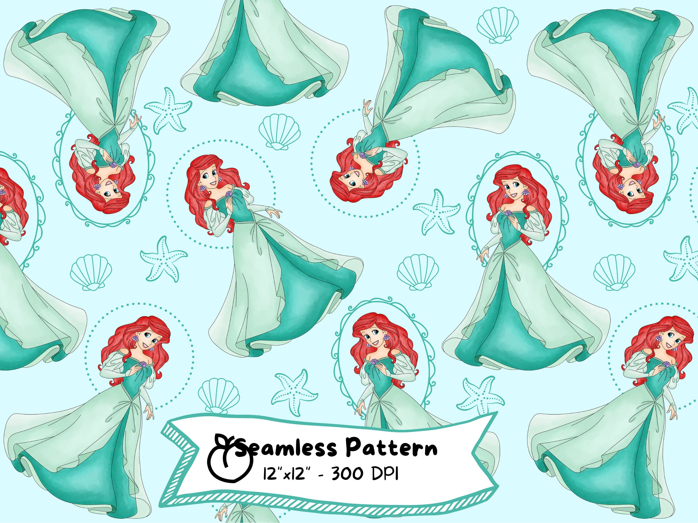 Ariel Watercolor Seamless Pattern: Little Mermaid Cartoon (digital ...