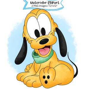 Puede incluir: Una ilustración de acuarela de un cachorro de dibujos animados con orejas marrones, un collar verde y un cuerpo amarillo y naranja. El cachorro está sentado con las piernas cruzadas y tiene una gran sonrisa en su rostro.