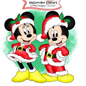 Mickey Mouse & Minnie Mouse, Watercolor Clipart, Cute Cartoon, PNG, High Resolution, Transparent Background,  Christmas, Holiday, Hand Drawn
