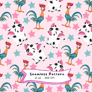 May include: Seamless pattern featuring cartoon illustrations of a rooster, pig, and stars on a pink background. The rooster has blue and orange feathers. The pig is white with black spots. The text "Seamless Pattern" is included.
