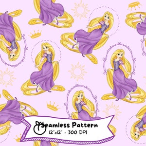 Prinzessin Rapunzel Aquarell Muster, digitaler Download, niedlichen Cartoon, verheddert, hohe Auflösung, Sofort Download, kommerzielle Nutzung