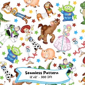 Toy Story Seamless Pattern, Watercolor Digital Pattern, Buzz Lightyear, Woody, Jesse, High Resolution