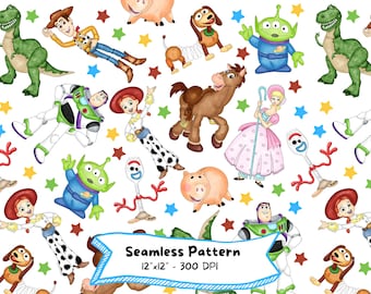 Toy Story Seamless Pattern, Watercolor Digital Pattern, Buzz Lightyear, Woody, Jesse, High Resolution