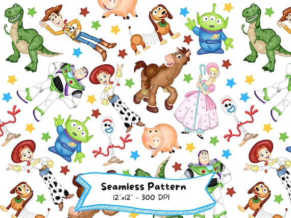 Toy Story Seamless Pattern, Watercolor Digital Pattern, Buzz Lightyear, Woody, Jesse, High Resolution