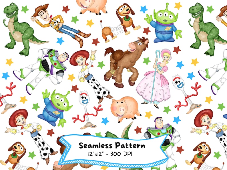 Toy Story Seamless Pattern, Watercolor Digital Pattern, Buzz Lightyear, Woody, Jesse, High Resolution image 1