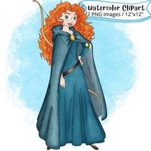 May include: Watercolor clipart of a red-haired princess wearing a blue dress and a green cape. She is holding a bow and arrow. The background is a light blue watercolor wash.