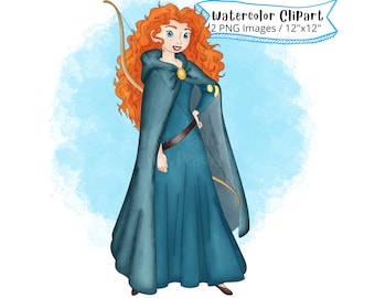 Princess Merida Watercolor Clipart: Brave Cartoon Illustration (PNG)