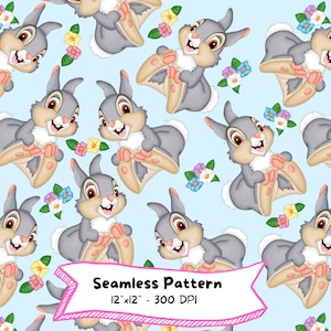 May include: A seamless pattern featuring a cute cartoon bunny rabbit with a brown and gray fur coat. The bunny is holding a flower and is surrounded by colorful flowers on a light blue background. The text "Seamless Pattern" and "12" x "12" - 300 DPI" is included in the image.