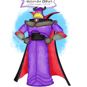 Keizer Zurg, Toy Story, handgetekende aquarel clipart, schattige cartoon illustratie, afdrukbare hoge resolutie, transparante achtergrond