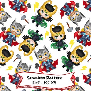 May include: Seamless pattern featuring cartoon illustrations of Thor and Loki with lightning bolts and hammers on a white background. The pattern includes the text "Seamless Pattern 12"x12" - 300 DPI".