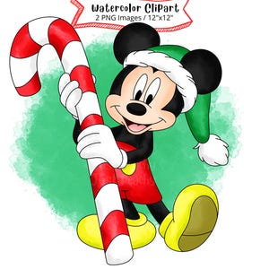 Christmas Mickey Mouse, Watercolor Clipart, Cute Cartoon, PNG, High Resolution, Transparent Background,  Christmas, Holiday, Hand Drawn