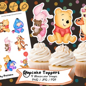 Op de afbeelding: Negen aquarel afbeeldingen van Winnie de Poeh, Biggetje en Tijger. De afbeeldingen zijn ontworpen om uit te knippen en te gebruiken als cupcake toppers. De tekst "Pooh Cupcake Toppers" en "Peachy Pattern" zijn ook in de afbeelding opgenomen.