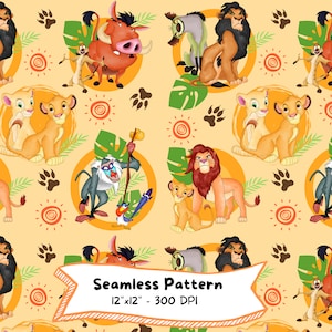 Patrón sin costuras del Rey León, Descarga digital, Dibujos animados lindos, Alta resolución, Acuarela, Simba, Nala, Timón, Pumba, Diseño de animales Safari