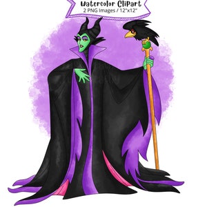 May include: A watercolor illustration of Maleficent from Sleeping Beauty. She is wearing a black and purple gown and holding a staff with a raven on top. The background is a purple watercolor wash.