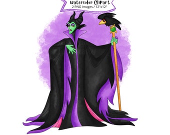 Maleficent Watercolor Clipart: Cartoon Villain PNG (Digital Download)