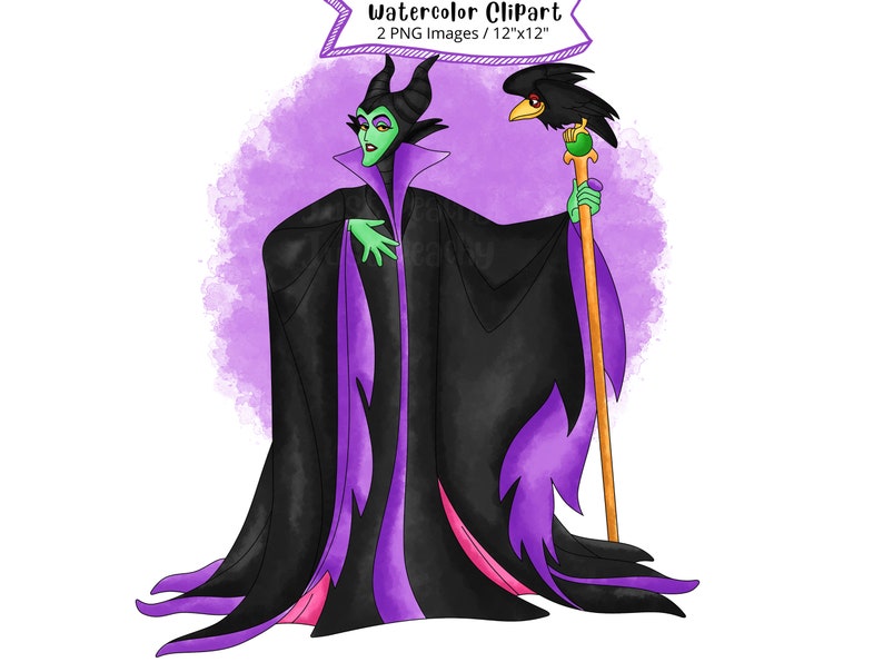 May include: A watercolor illustration of Maleficent from Sleeping Beauty. She is wearing a black and purple gown and holding a staff with a raven on top. The background is a purple watercolor wash.