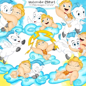 Zestaw clipartów akwarelowych Baby Hercules, słodka ilustracja z kreskówek, PNG, przezroczyste tło, urodziny Herkulesa, prysznic z okazji narodzin Herkulesa