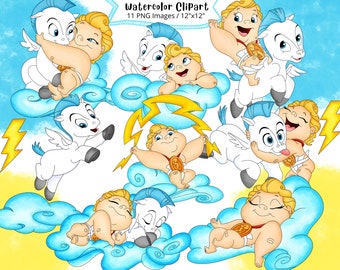 Imágenes prediseñadas de acuarela del bebé Hércules: conjunto de imágenes PNG de dibujos animados (transparentes)