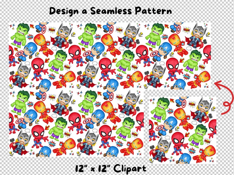 Superhero Cartoon Seamless Pattern, Avengers Fabric Design (digital ...