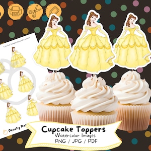 Die Schöne und das Biest Aquarell Cupcake Topper, Geburtstagsparty, Kuchendeckel, Geburtstag Dekoration, Printable File, Kids Party, Belle
