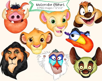 Lion King Watercolor Clipart Set: Cartoon Safari Animals (PNG Digital Download)