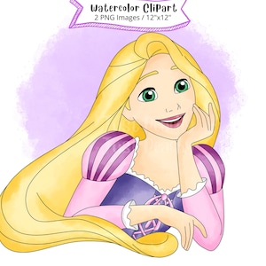 Princess Rapunzel Watercolor Clipart, Tangled, Hand Drawn, Cute Cartoon, Illustration, PNG, Transparent, 300 DPI, High Resolution