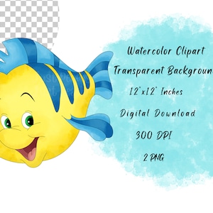 Flounder da La Sirenetta Clipart acquerello disegnato a mano, cartone animato carino, PNG, sfondo trasparente, alta risoluzione, sotto il mare immagine 2