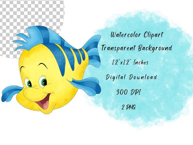 Flounder da La Sirenetta Clipart acquerello disegnato a mano, cartone animato carino, PNG, sfondo trasparente, alta risoluzione, sotto il mare immagine 2