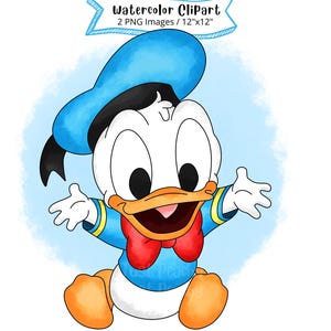 Baby Donald Duck Hand Drawn Watercolor Clipart, Cute Cartoon Illustration, PNG, Mickey Mouse PNG, Transparent Background, Minnie Mouse
