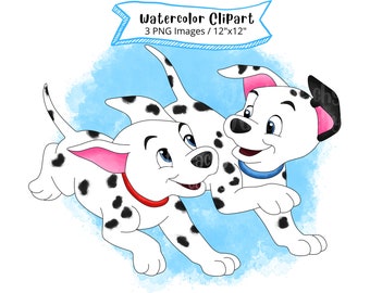101 Dalmatians Watercolor Clipart: Puppy Cartoon PNG (Digital Download)