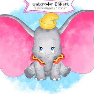 Dumbo Watercolor Clipart, Cute Cartoon, PNG, Hand Drawn, Nursery Decor, Baby Elephant, Instant Download, Birthday, Printable