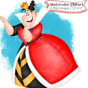 Królowa Kier z Alicji w Krainie Czarów Akwarele Clipart, Pełny Zestaw, PNG, Słodka Kreskówkowa, Pobieranie Cyfrowe, Wysoka Rozdzielczość, Rysowane Ręcznie
