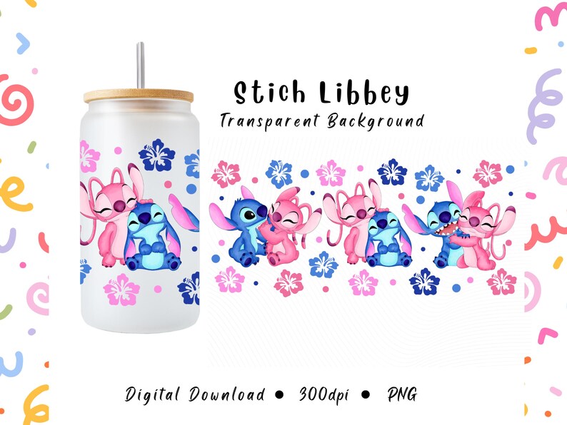 K&ouml;nnte beinhalten: Ein Glasbecher in Dosenform mit Bambusdeckel und Strohhalm, mit einem Aquarelldesign der Charaktere Stitch und Angel, umgeben von rosa und blauen Blumen. Die Worte "Stich Libbey" und "Transparent Background" sind auf dem Bild aufgedruckt.
