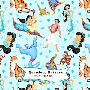 May include: Seamless pattern featuring characters from Aladdin, including Jasmine, Aladdin, Genie, Abu, and Rajah, with a light blue background and heart shapes. The pattern includes a magic carpet and a lamp. The text "Seamless Pattern 12"x12" - 300 DPI" is also included.