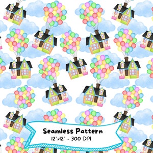 May include: A seamless pattern featuring a repeating design of houses with colorful balloons, floating in the sky with white clouds. The houses are green, yellow, and pink with black roofs. The balloons are red, orange, yellow, green, blue, and purple. The text "Seamless Pattern" is at the bottom of the image with the dimensions "12" x "12" and "300 DPI".