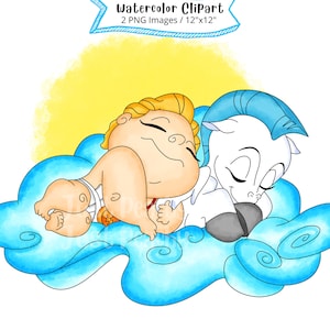 Baby Hercules Watercolor Clipart, Cute Cartoon Illustration, PNG, Transparent Background, Hercules Birthday, Hercules Baby Shower, Pegasus