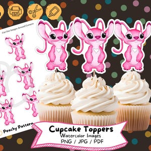 Puede incluir: Adornos para cupcakes con im&aacute;genes de acuarela rosa de un personaje de dibujos animados, presentados en cupcakes con glaseado blanco. La imagen incluye el texto "Cupcake Toppers Watercolor Images PNG / JPG / PDF".