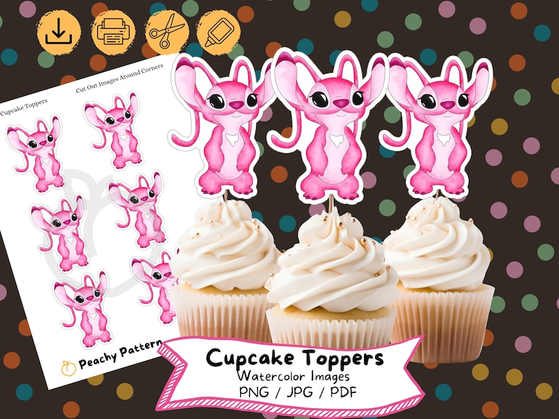 Puede incluir: Adornos para cupcakes con im&aacute;genes de acuarela rosa de un personaje de dibujos animados, presentados en cupcakes con glaseado blanco. La imagen incluye el texto "Cupcake Toppers Watercolor Images PNG / JPG / PDF".