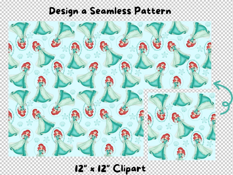 Ariel Watercolor Seamless Pattern: Little Mermaid Cartoon (digital ...