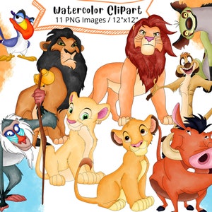 Conjunto de clipart de aquarela desenhado à mão do Rei Leão, PNG, alta resolução, fundo transparente, desenho animado fofo, animais de safári, Pumba, Temon, Simba