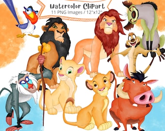 Lion King Hand Drawn Watercolor Clipart Set, PNG, High Resolution, Transparent Background, Cute Cartoon, Safari Animals, Pumba, Temon, Simba