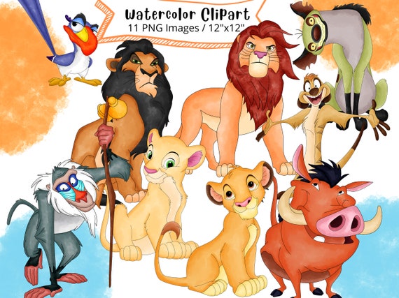 Lion King Watercolor Clipart Set: Cartoon Safari Animals (PNG, Digital Download)