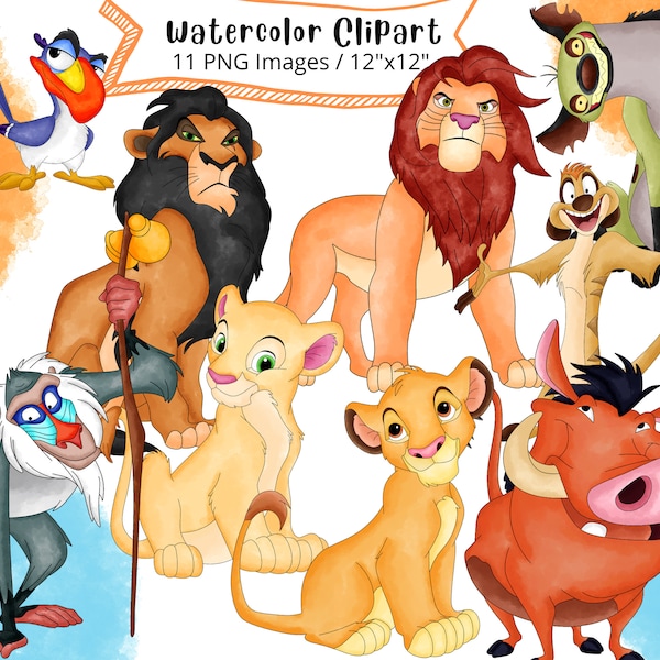 Set di clipart acquerello disegnato a mano del re leone, PNG, alta risoluzione, sfondo trasparente, simpatico cartone animato, animali safari, Pumba, Temon, Simba