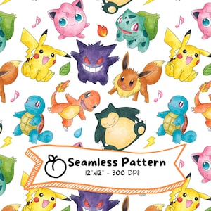 May include: Seamless pattern featuring watercolor illustrations of various cartoon characters, including Pikachu, Bulbasaur, and Gengar, with musical notes and other design elements. The pattern is 12"x12" and 300 DPI.