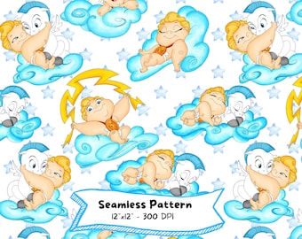 Baby Hercules Watercolor Seamless Pattern, Cartoon Graphics (Digital Download)