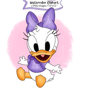 デイジーダックの赤ちゃんの手描き水彩クリップアート、かわいい漫画イラスト、PNG、ミッキーマウスPNG、透明な背景、ミニーマウス
