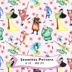 May include: Seamless pattern featuring watercolor illustrations of characters in traditional attire, dragons, and flowers on a pink background. The design includes the text "Seamless Pattern" and dimensions of 12"x12" and 300 DPI.