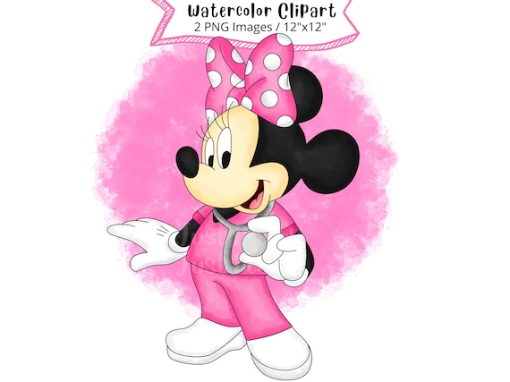 看護師ミニーマウスの水彩画クリップアート：漫画PNG（デジタル